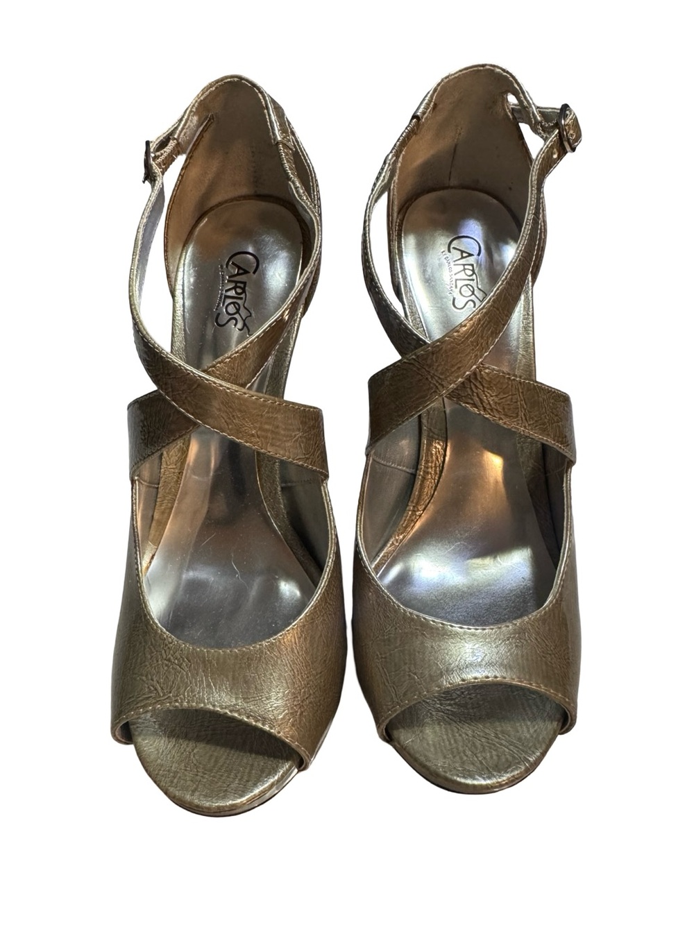 Carlos Santana Metallic Gold Crisscross Peep-Toe Heels